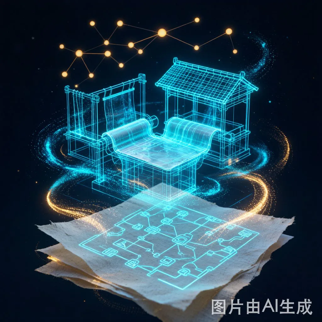 数字孪生工坊与古法造纸技艺融合的当代示意图