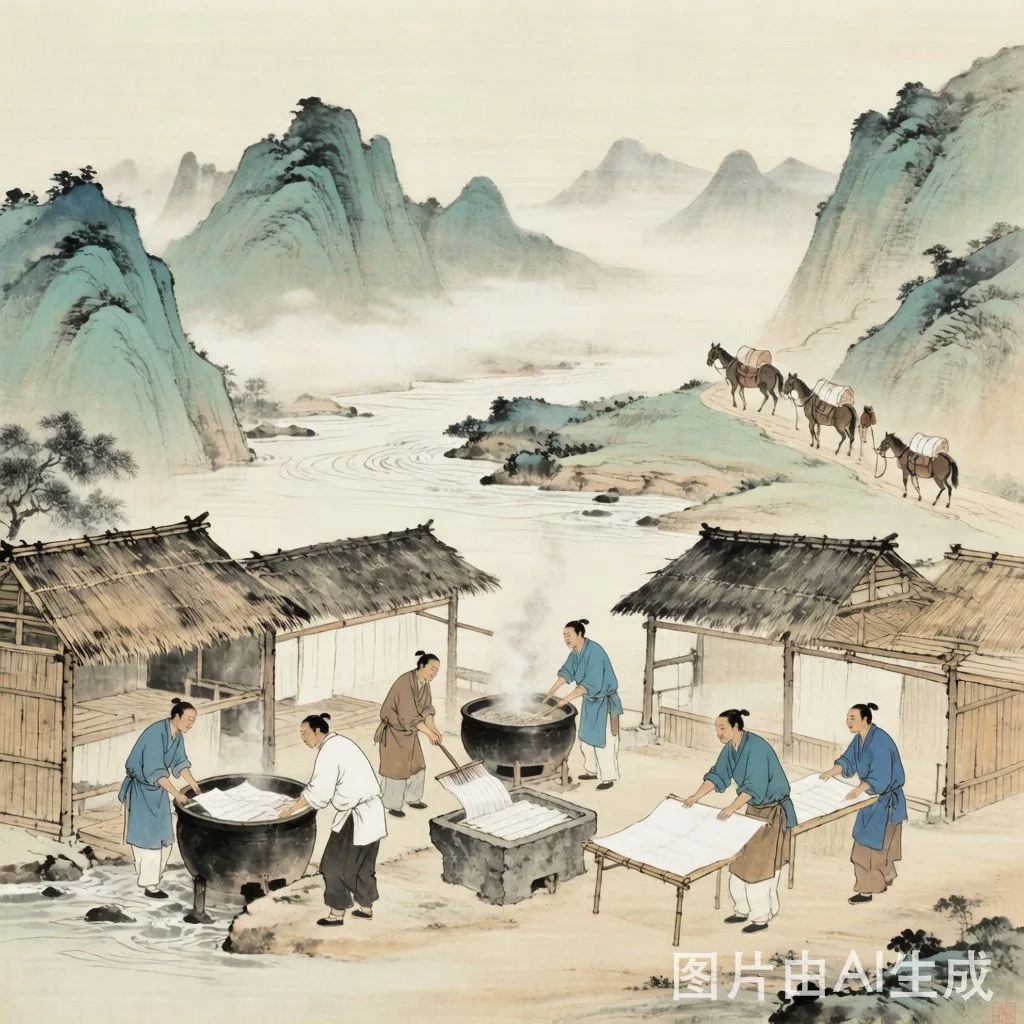 宋代石桥村造纸工坊全景，工匠在屋舍与河畔协作造纸