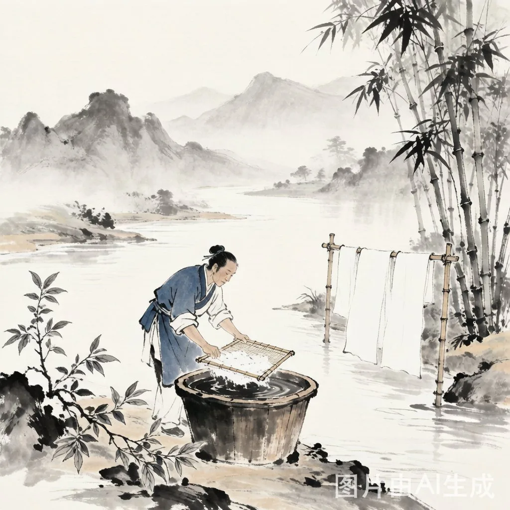 唐末苗族先民于黔东南山水中抄纸的工笔淡彩场景