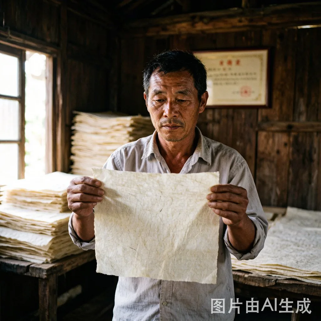 当代传承人手持构皮纸在传统木构工坊内检视成品